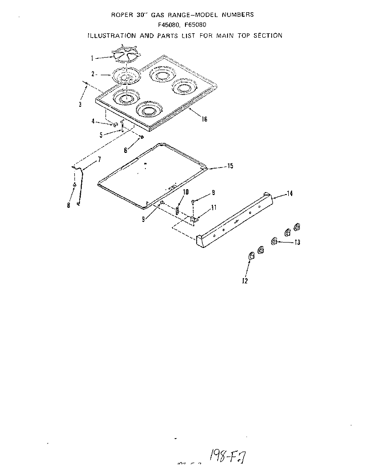 MAIN TOP Diagram and Parts List for F4508W0  Roper Range