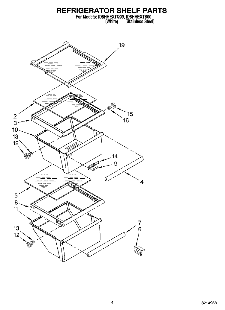 REFRIGERATOR SHELF PARTS Diagram and Parts List for ID5HHEXTQ00  Whirlpool Refrigerator