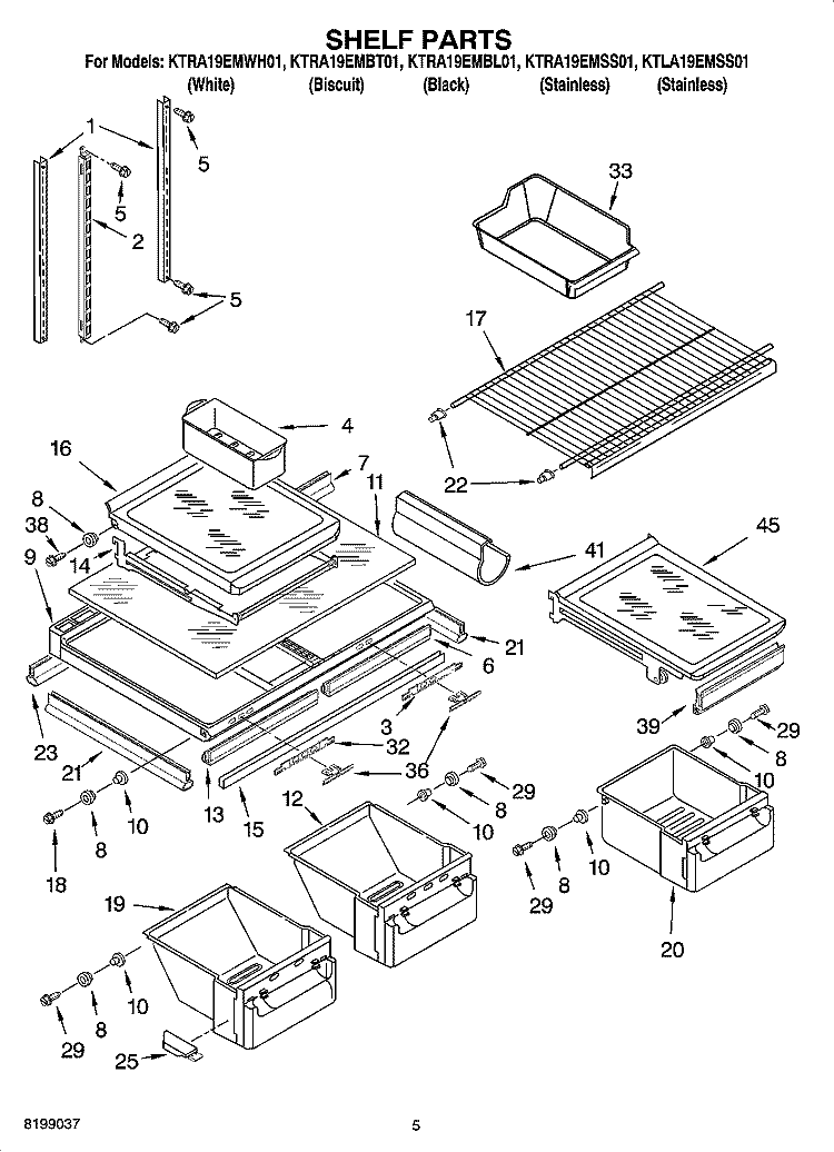 SHELF PARTS Diagram and Parts List for KTRA19EMBT01  KitchenAid Refrigerator