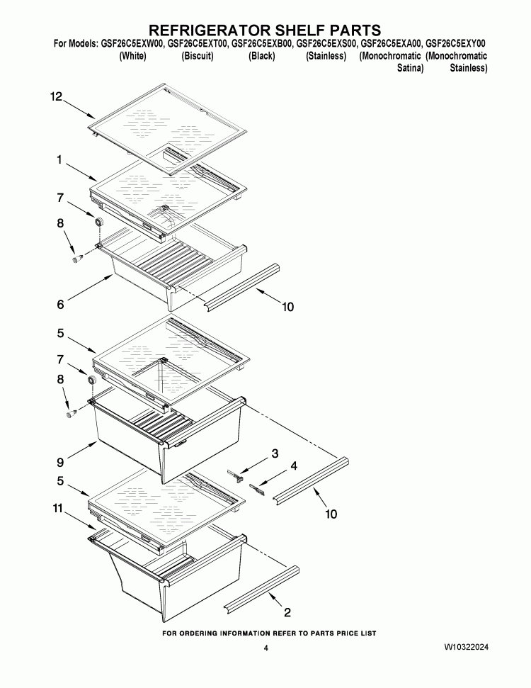 REFRIGERATOR SHELF PARTS Diagram and Parts List for GSF26C5EXA00  Whirlpool Refrigerator