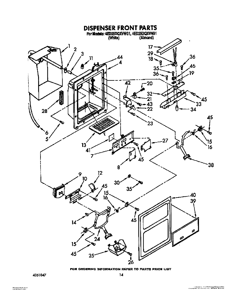 DISPENSER FRONT Diagram and Parts List for 4ED25DQXVW01  Whirlpool Refrigerator