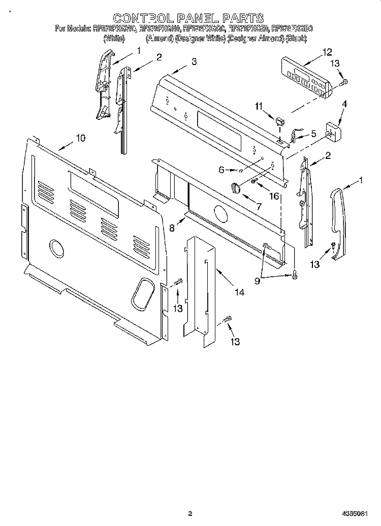 CONTROL PANEL Diagram and Parts List for RF378PXGQ0  Whirlpool Range