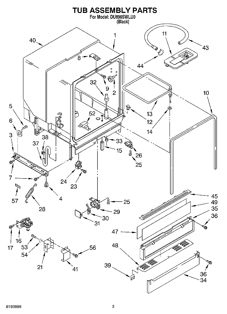 TUB ASSEMBLY PARTS Diagram and Parts List for DU890SWLU0  Whirlpool Dishwasher