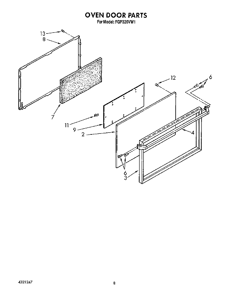 OVEN DOOR Diagram and Parts List for FGP320VL1  Whirlpool Range