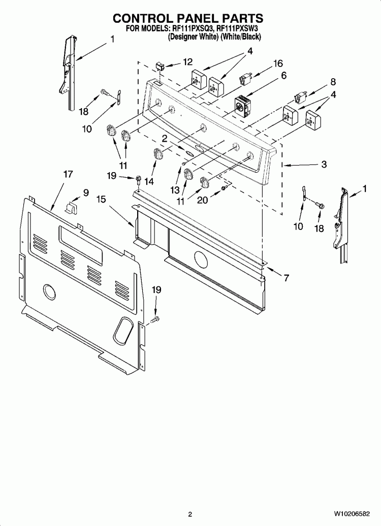 CONTROL PANEL PARTS Diagram and Parts List for RF111PXSW3  Whirlpool Range
