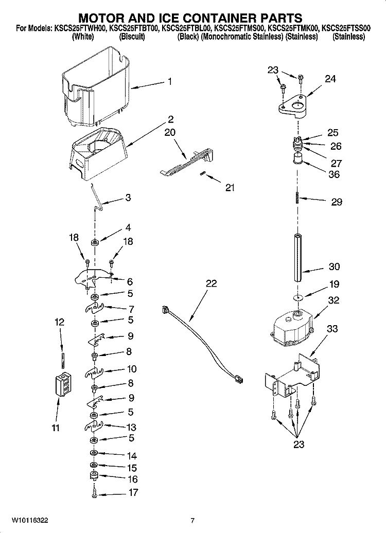 MOTOR AND ICE CONTAINER PARTS Diagram and Parts List for KSCS25FTSS00  KitchenAid Refrigerator