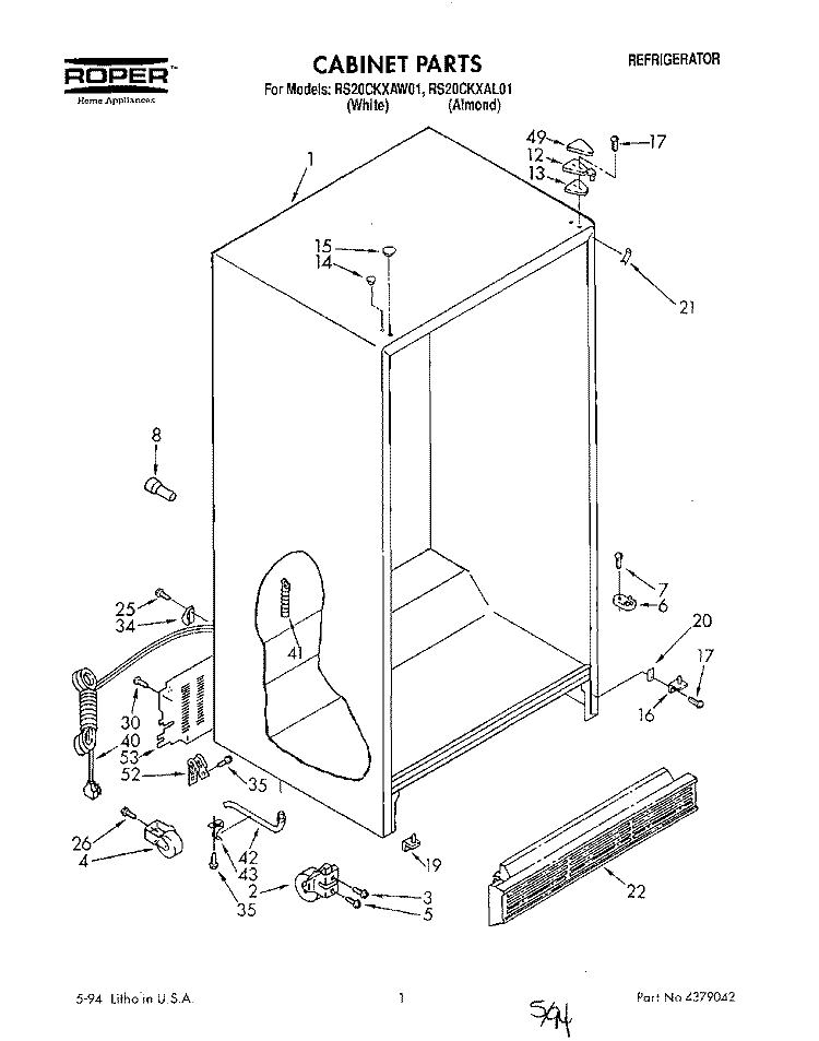 CABINET Diagram and Parts List for RS20CKXAL01  Roper Refrigerator