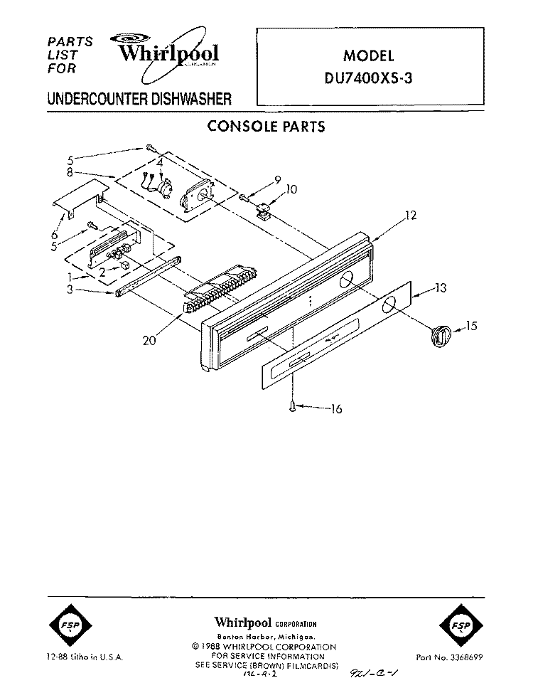 CONSOLE Diagram and Parts List for DU7400XS3  Whirlpool Dishwasher