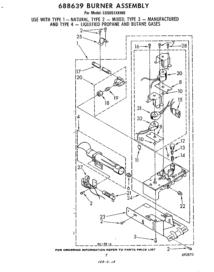 688639 BURNER Diagram and Parts List for LG5651XKW0  Whirlpool Dryer