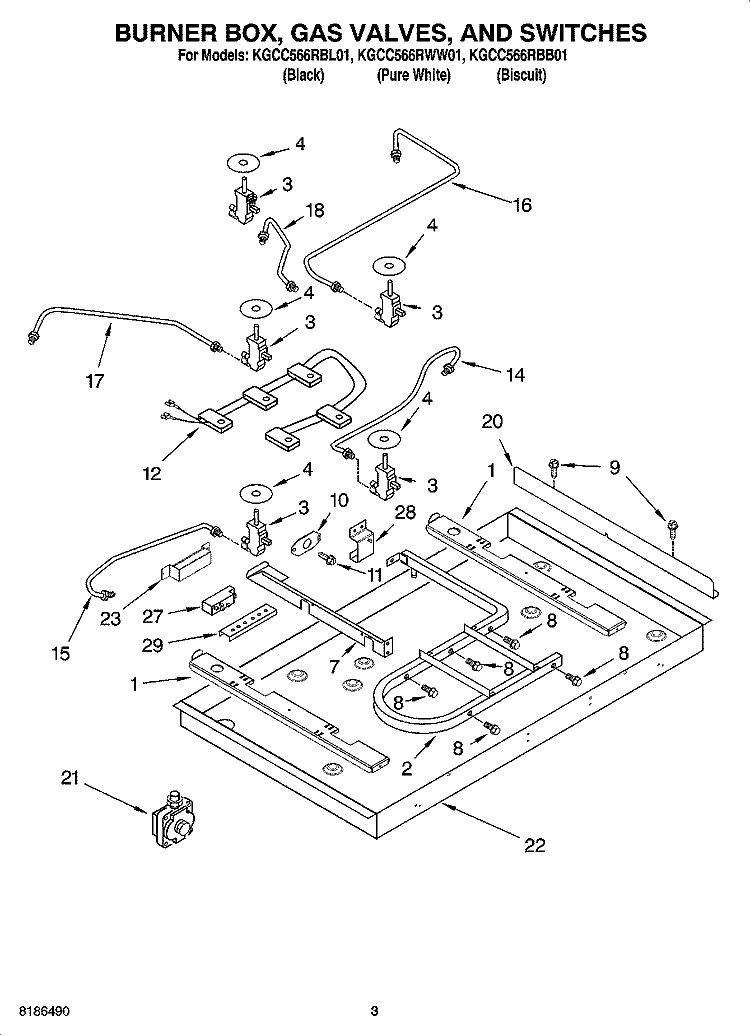BURNER BOX, GAS VALVES, AND SWITCHES, OPTIONAL PARTS Diagram and Parts List for KGCC566RWW01  KitchenAid Cooktop