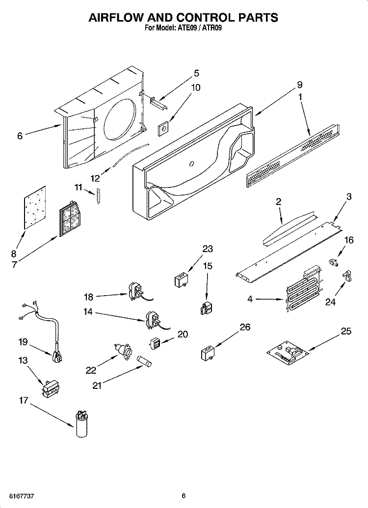 AIRFLOW AND CONTROL PATRS, OPTIONAL PARTS (NOT INCLUDED) Diagram and Parts List for ATE09  Whirlpool Air Conditioner