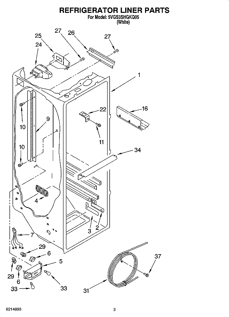 REFRIGERATOR LINER PARTS Diagram and Parts List for 5VGS3SHGKQ05  Whirlpool Refrigerator