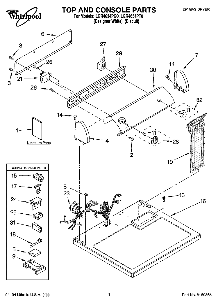 TOP AND CONSOLE PARTS Diagram and Parts List for LGR4634PT0  Whirlpool Dryer