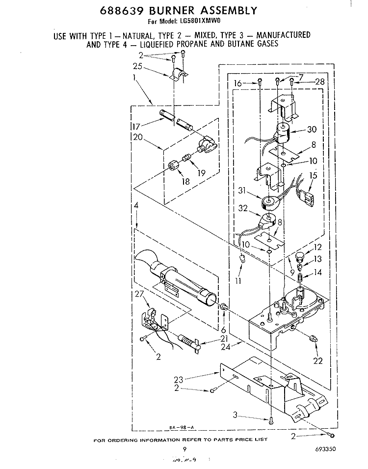 688639 BURNER Diagram and Parts List for LG5801XMW0  Whirlpool Dryer