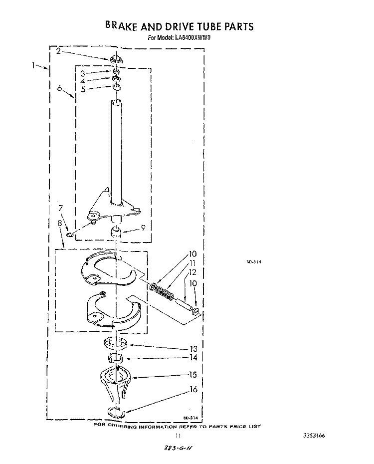 BRAKE AND DRIVE TUBE Diagram and Parts List for LA8400XWF0  Whirlpool Washer