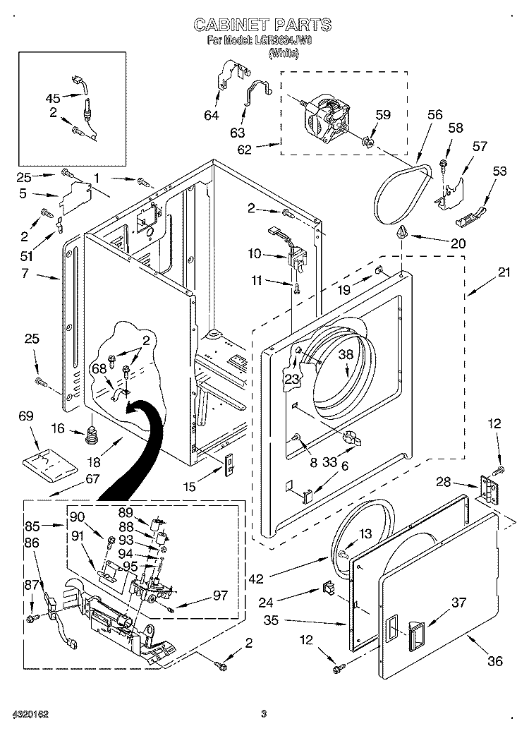 CABINET Diagram and Parts List for LGR3634JW0  Whirlpool Dryer