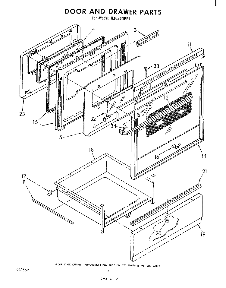 DOOR AND DRAWER Diagram and Parts List for RJE363PP1  Whirlpool Range