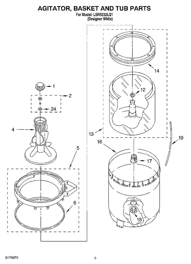 AGITATOR, BASKET AND TUB PARTS Diagram and Parts List for LSR5232LQ1  Whirlpool Washer