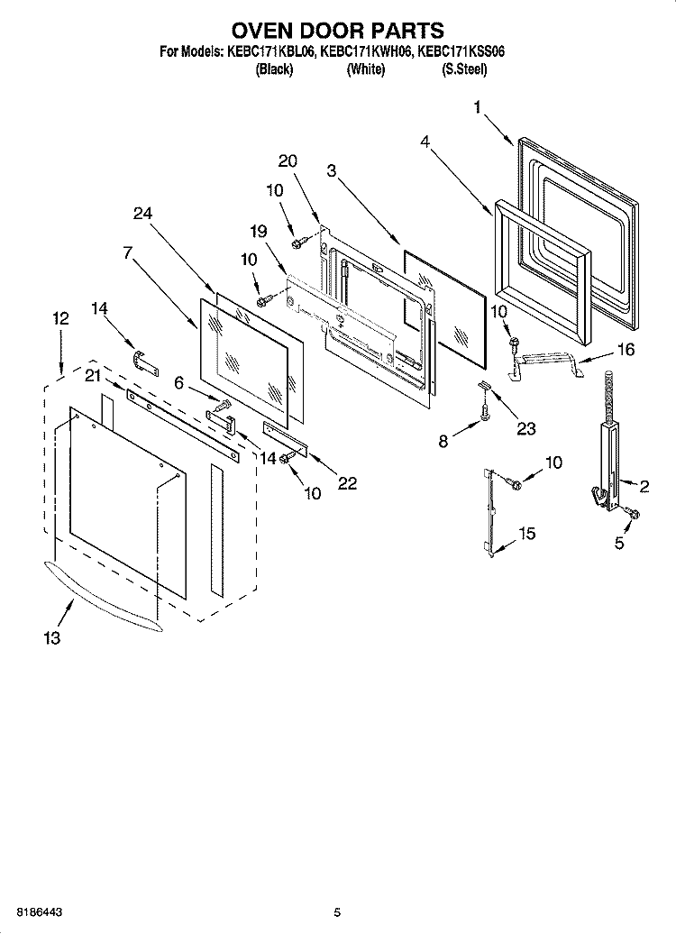 OVEN DOOR PARTS Diagram and Parts List for KEBC171KSS06  KitchenAid Wall Oven