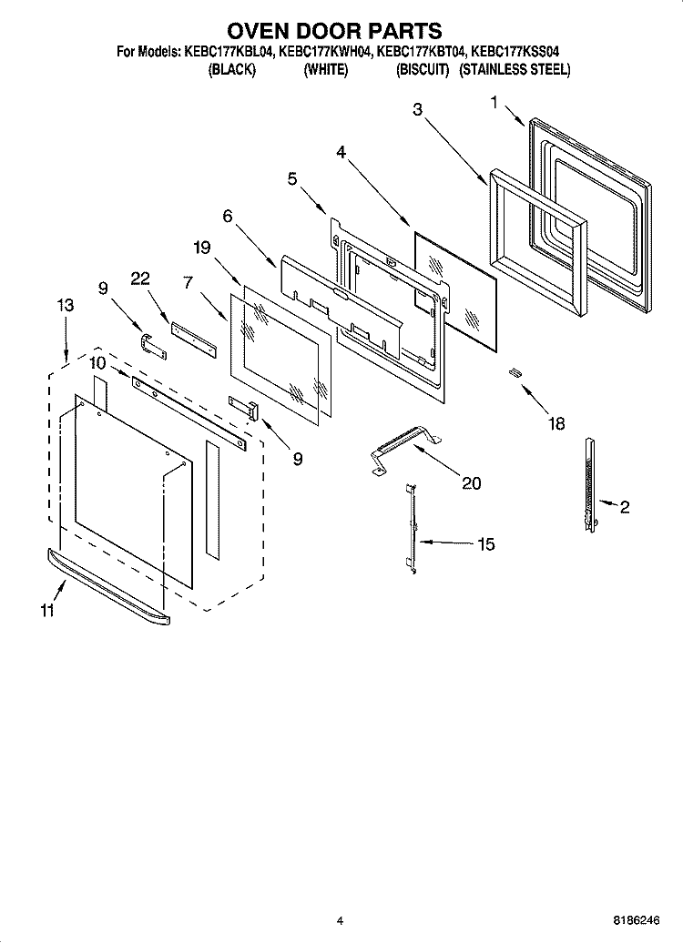 OVEN DOOR PARTS Diagram and Parts List for KEBC177KBL04  KitchenAid Wall Oven