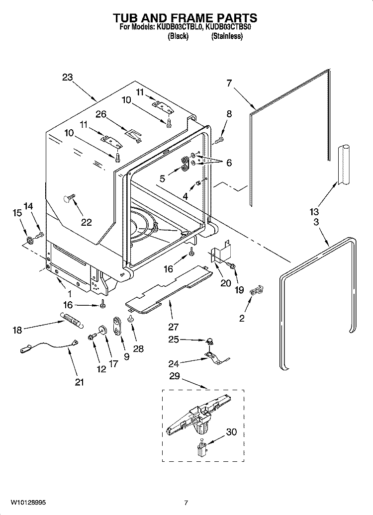 TUB AND FRAME PARTS Diagram and Parts List for KUDB03CTBS0  KitchenAid Dishwasher