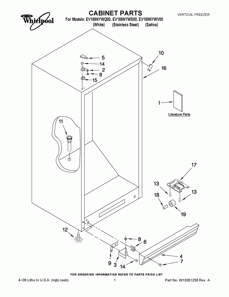 CABINET PARTS Diagram and Parts List for EV188NYWQ00  Whirlpool Freezer