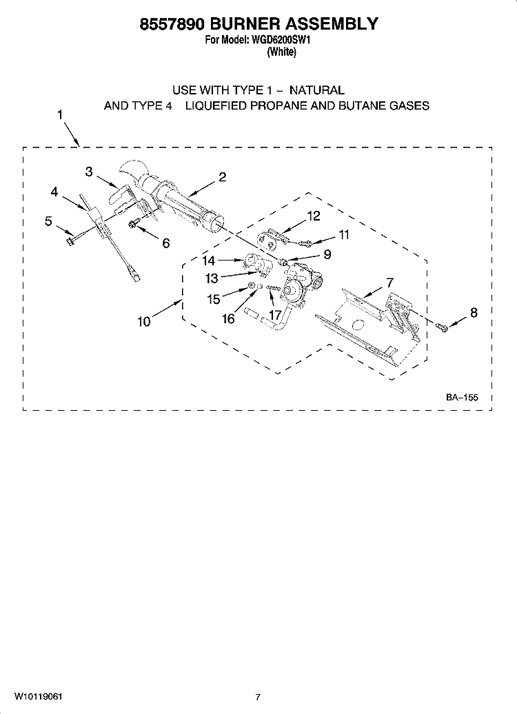 8557890 BURNER ASSEMBLY, OPTIONAL PARTS (NOT INCLUDED) Diagram and Parts List for WGD6200SW1  Whirlpool Dryer