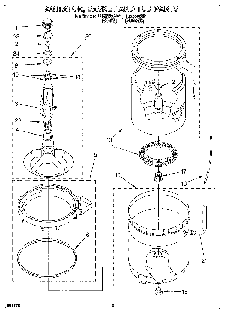 AGITATOR, BASKET AND TUB Diagram and Parts List for LLR6233AW1  Whirlpool Washer