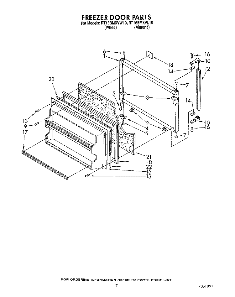 FREEZER DOOR Diagram and Parts List for RT18BMXVW10  Roper Refrigerator