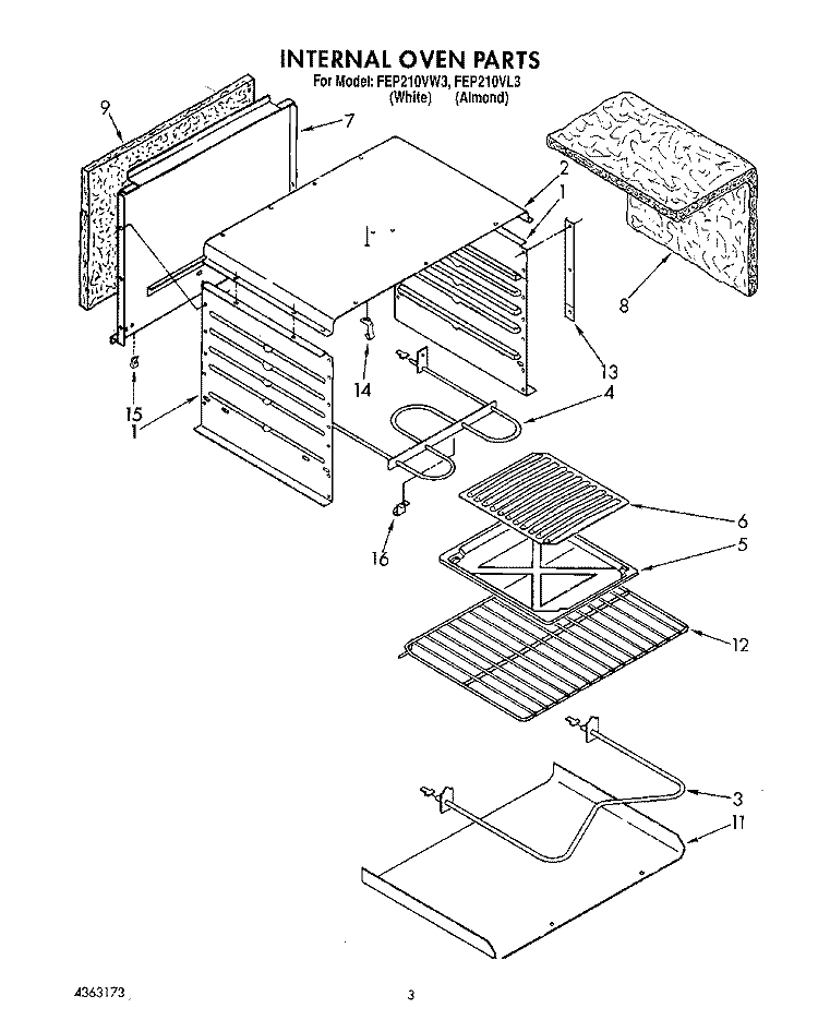 INTERNAL OVEN Diagram and Parts List for FEP210VL3  Roper Range