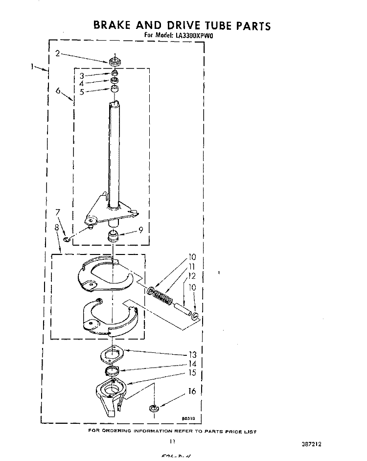 BRAKE AND DRIVE TUBE Diagram and Parts List for LA3300XPW0  Whirlpool Washer