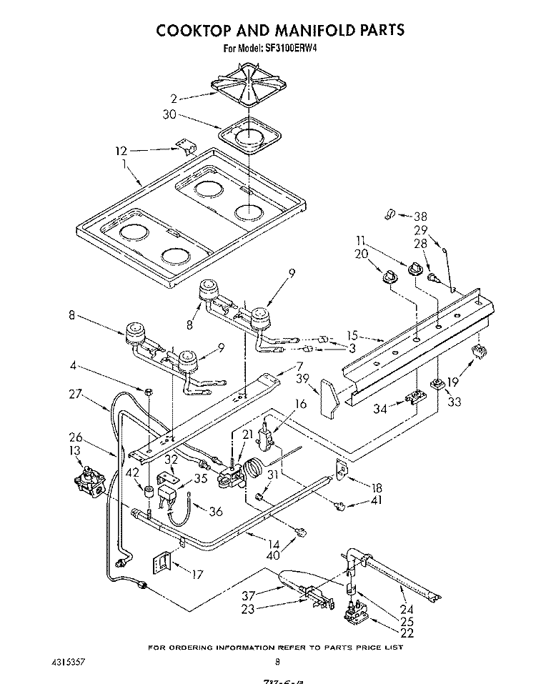 COOKTOP AND MANIFOLD , LITERATURE AND OPTIONAL Diagram and Parts List for SF3100ERW4  Whirlpool Range