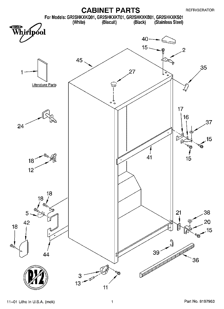 CABINET, LITERATURE Diagram and Parts List for GR2SHKXKS01  Whirlpool Refrigerator