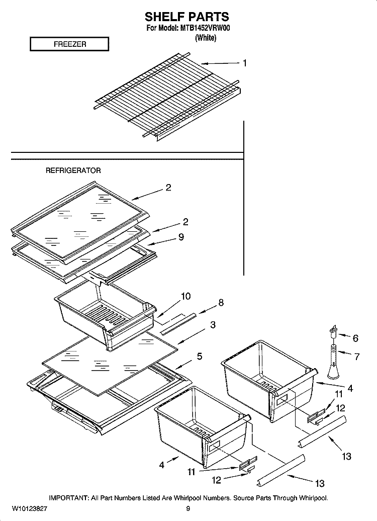 SHELF PARTS, OPTIONAL PARTS (NOT INCLUDED) Diagram and Parts List for MTB1452VRW00  Whirlpool Refrigerator