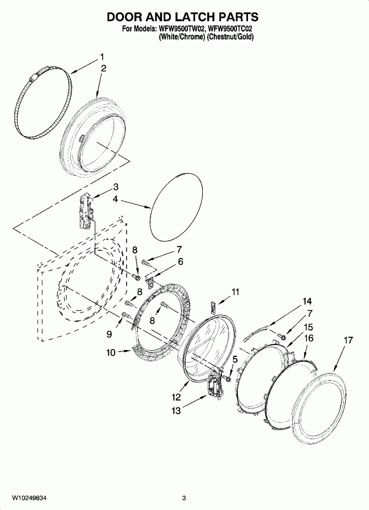 DOOR AND LATCH PARTS Diagram and Parts List for WFW9500TW02  Whirlpool Washer
