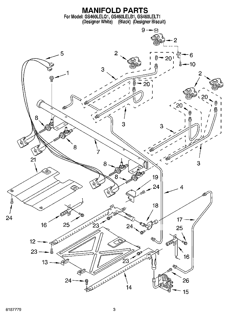 MANIFOLD PARTS Diagram and Parts List for GS460LELT1  Whirlpool Range