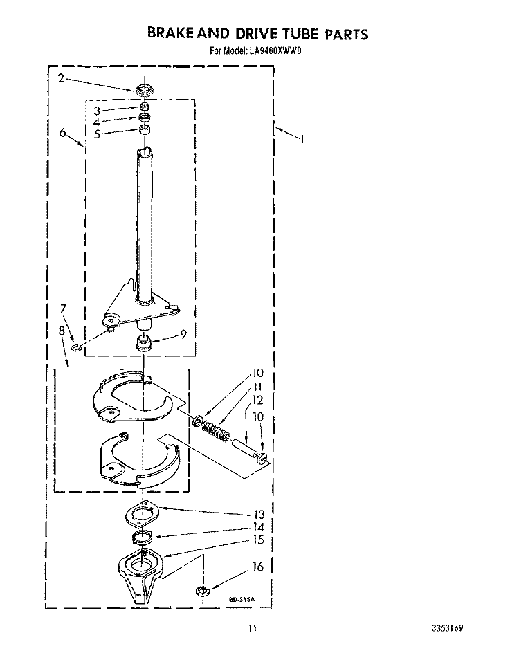 BRAKE AND DRIVE TUBE Diagram and Parts List for LA9480XWG0  Whirlpool Washer
