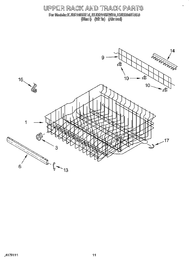 UPPER RACK AND TRACK Diagram and Parts List for KUDR24SEBL0  KitchenAid Dishwasher