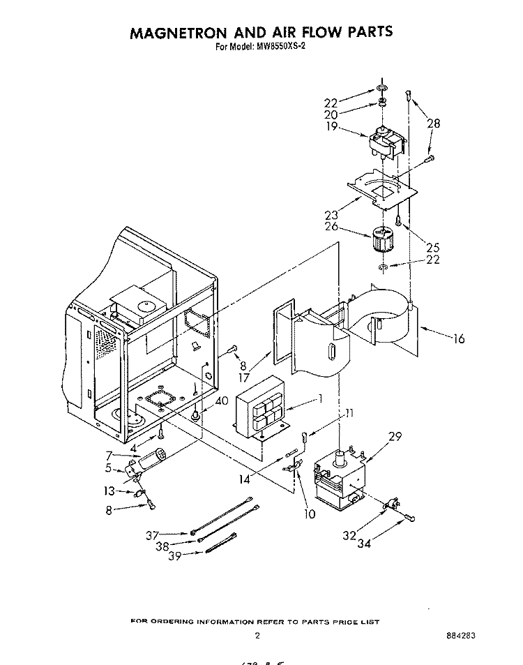 MAGNETRON AND AIRFLOW Diagram and Parts List for MW8550XS2  Whirlpool Microwave
