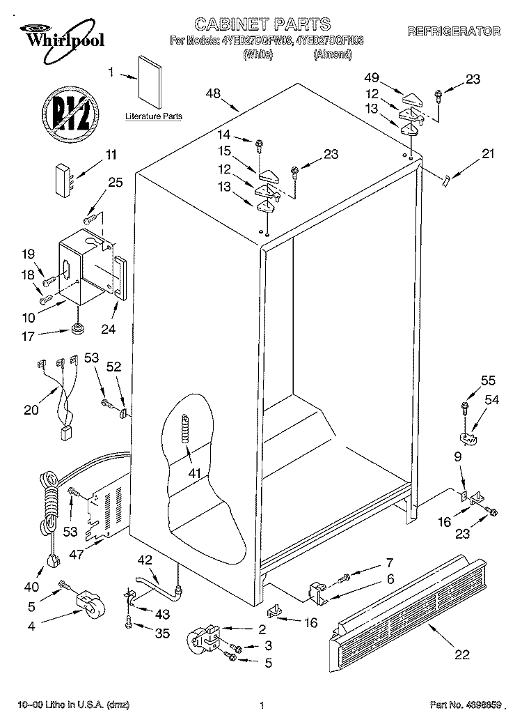 CABINET, LITERATURE Diagram and Parts List for 4YED27DQFN03  Whirlpool Refrigerator