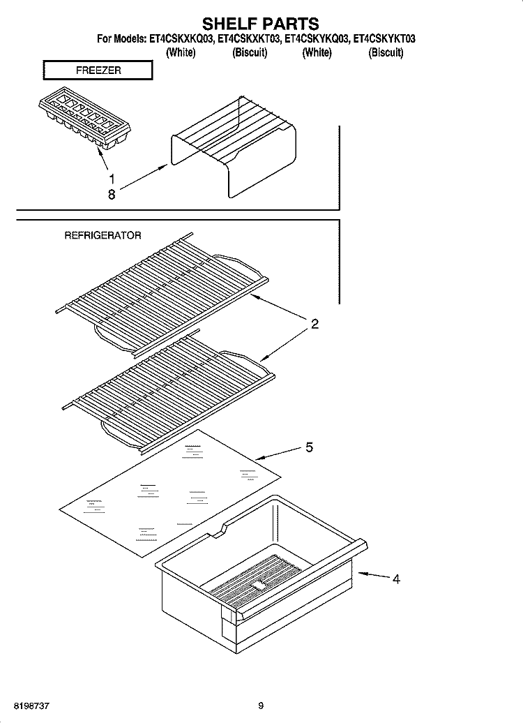 SHELF PARTS, OPTIONAL PARTS Diagram and Parts List for ET4CSKYKQ03  Whirlpool Refrigerator