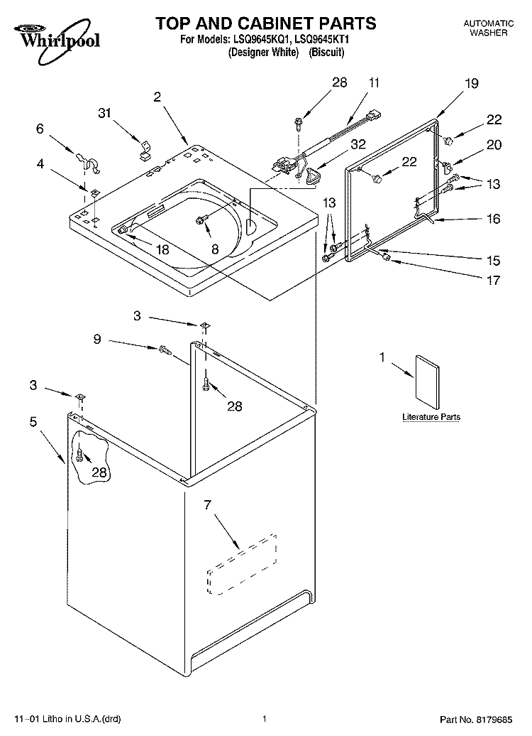 TOP AND CABINET, LITERATURE Diagram and Parts List for LSQ9645KQ1  Whirlpool Washer