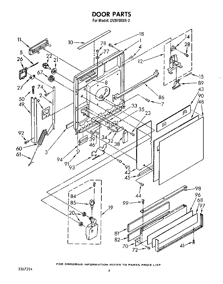 DOOR Diagram and Parts List for DU9700XR2  Whirlpool Dishwasher