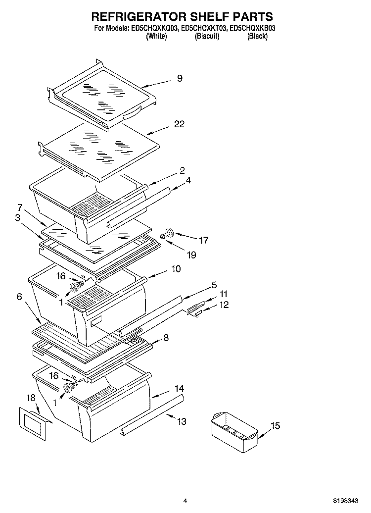 REFRIGERATOR SHELF PARTS Diagram and Parts List for ED5CHQXKB03  Whirlpool Refrigerator