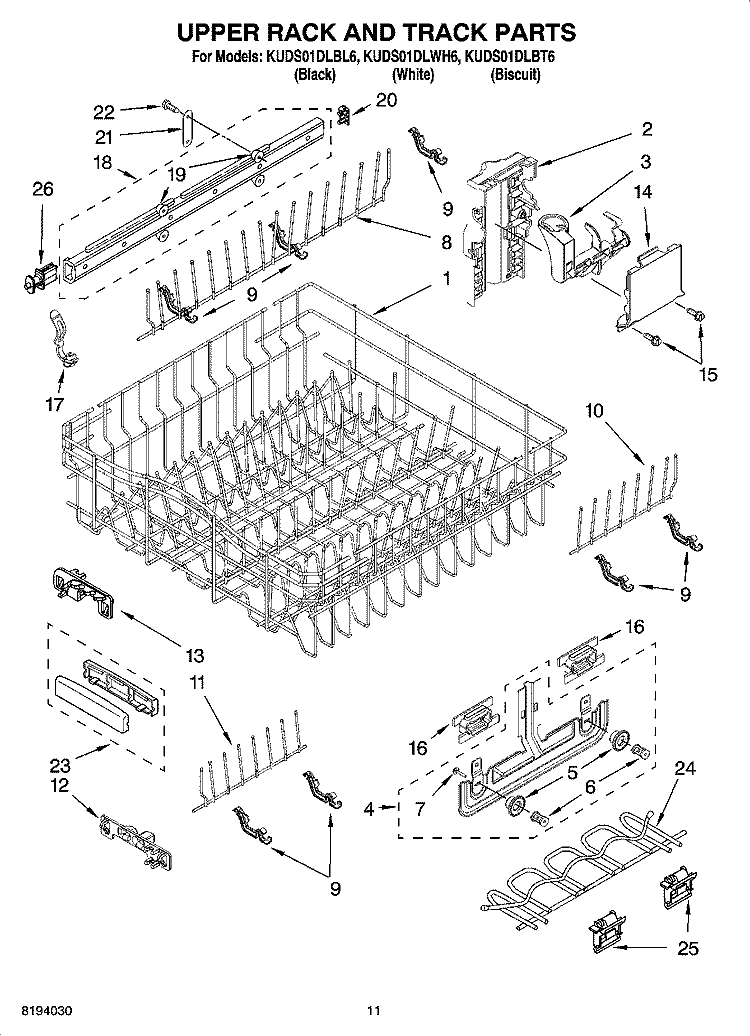 UPPER RACK AND TRACK PARTS Diagram and Parts List for KUDS01DLWH6  KitchenAid Dishwasher