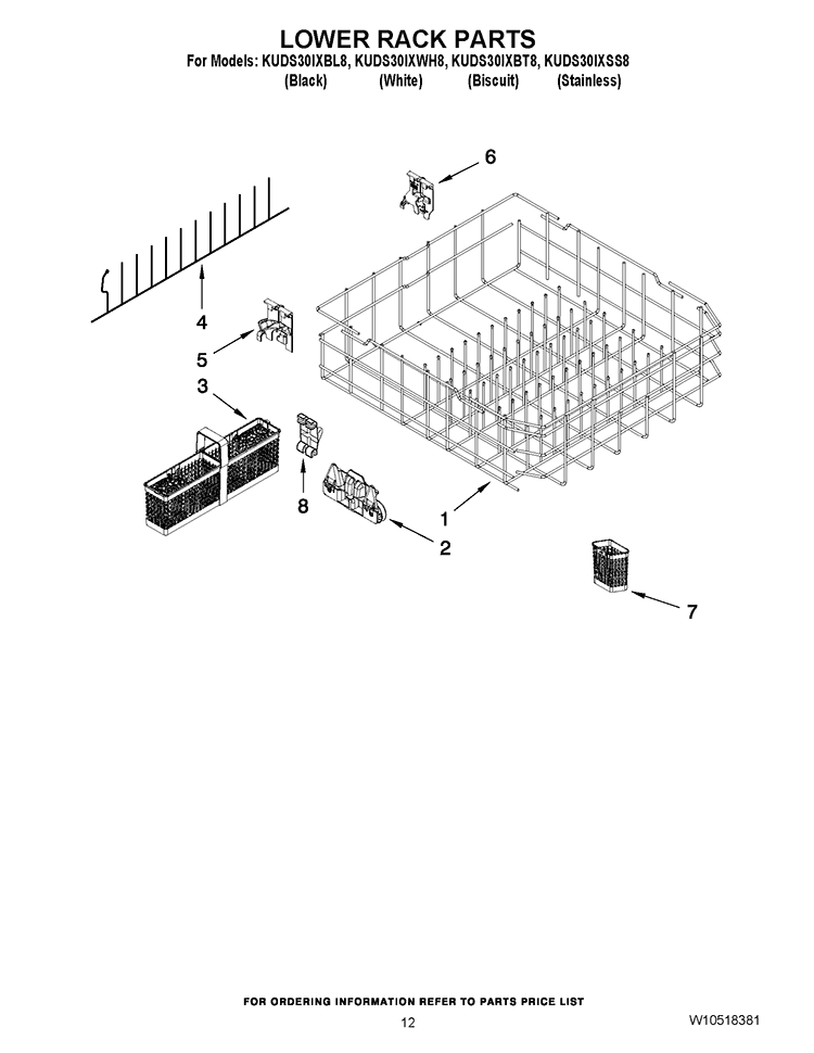 LOWER RACK PARTS Diagram and Parts List for KUDS30IXSS1  KitchenAid Dishwasher