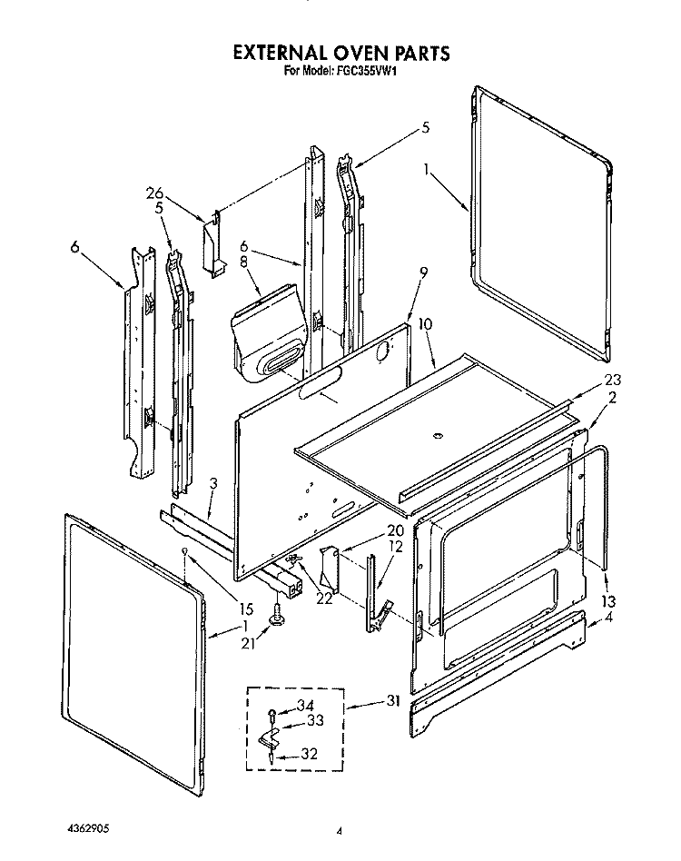 EXTERNAL OVEN Diagram and Parts List for FGC355VL1  Whirlpool Range