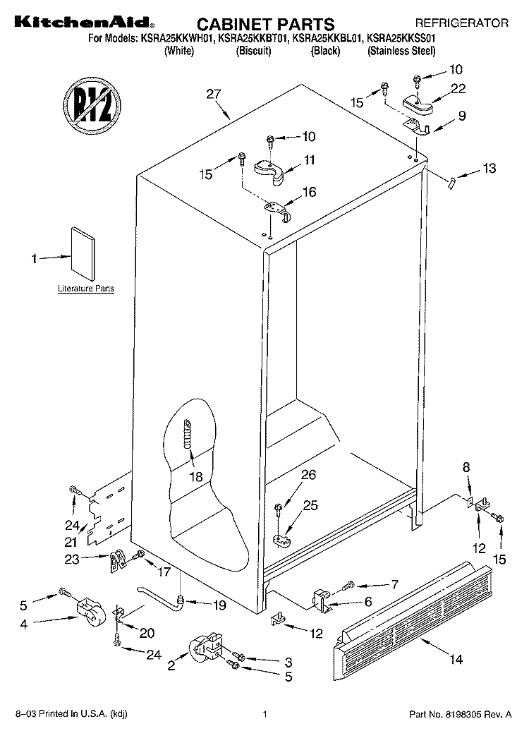 CABINET PARTS Diagram and Parts List for KSRA25KKSS01  KitchenAid Refrigerator