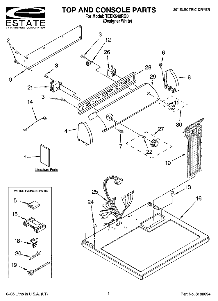 TOP AND CONSOLE PARTS Diagram and Parts List for TEDX540RQ0  Estate Dryer
