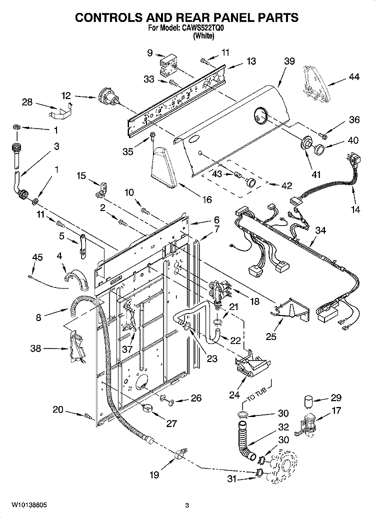 CONTROLS AND REAR PANEL PARTS Diagram and Parts List for CAWS522TQ0  Crosley Washer